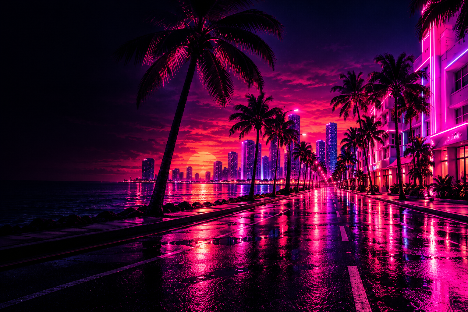 Empty neon-lit boulevard in WOJACITY