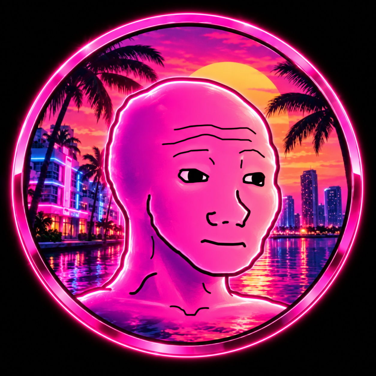 Neon pink Wojak against a Miami sunset, framed by a glowing ring